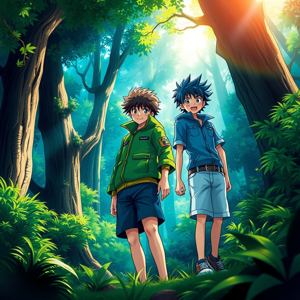 An action-packed scene from Hunter X Hunter featuring the main characters Gon and Killua in a lush, vibrant forest