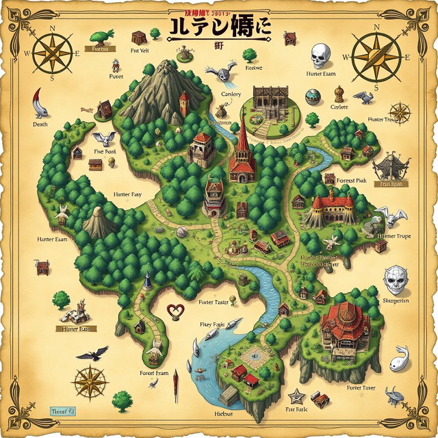 A detailed and artistic map of the Hunter X Hunter world, showcasing various iconic locations such as the Forest of Death, the Hunter Exam area, and the Phantom Troupe hideout