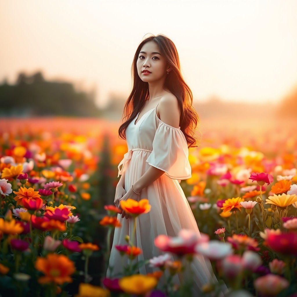 An Asian woman standing gracefully in the middle of a flower field, surrounded by a breathtaking variety of colorful blooms in full bloom