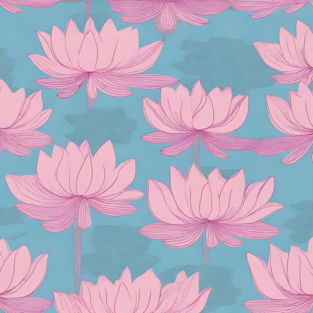 A cloth design featuring a pattern of numerous pink lotuses against a sky blue background.