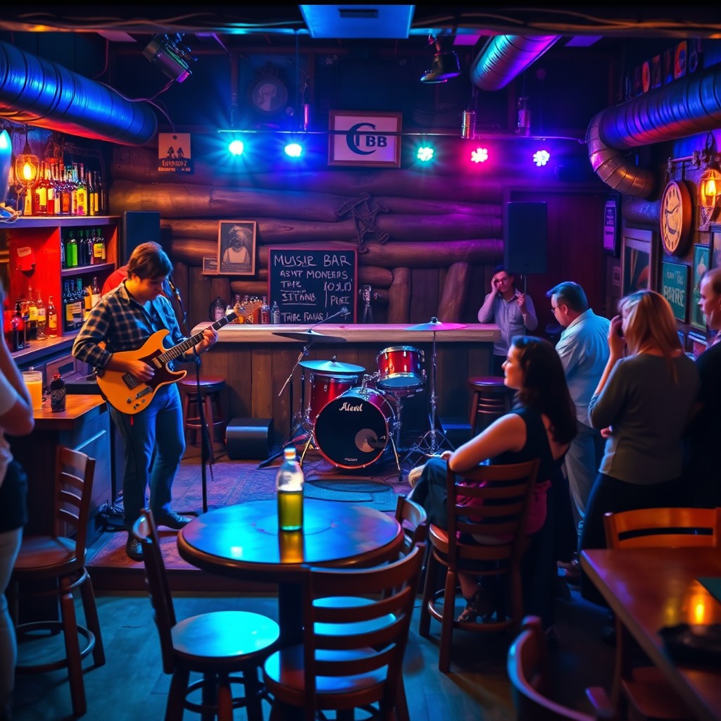 A lively scene of a bar band setting up to play on a small stage, featuring musicians adjusting their instruments and equipment