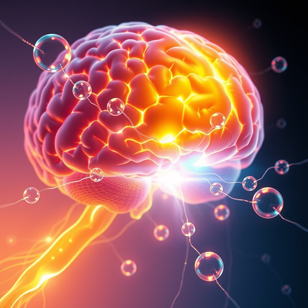 A close-up artistic illustration of a glowing human brain, vibrant and illuminated with energy, consuming oxygen