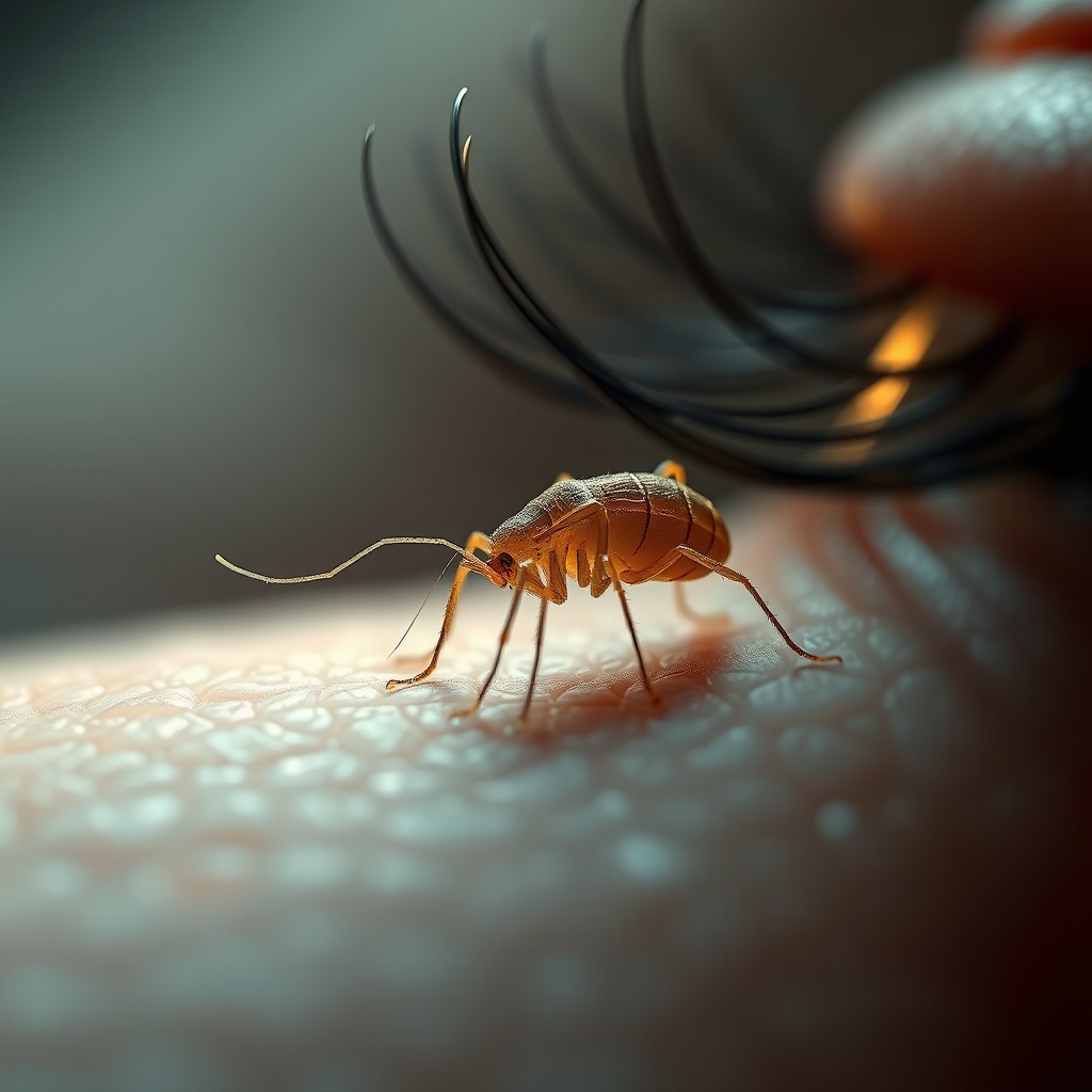 A microscopic sci-fi style close-up of a Demodex mite crawling along a human eyelash, showcasing the mite with detailed, glowing textures that highlight its features