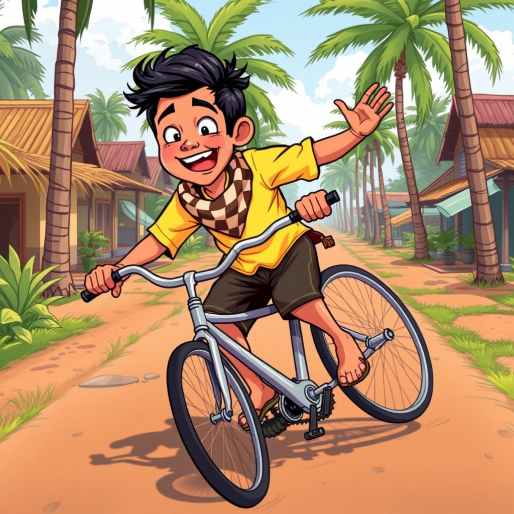 A humorous illustration of a Cambodian man in traditional Khmer clothing, including a checkered krama scarf around his neck, amusingly falling off his bicycle