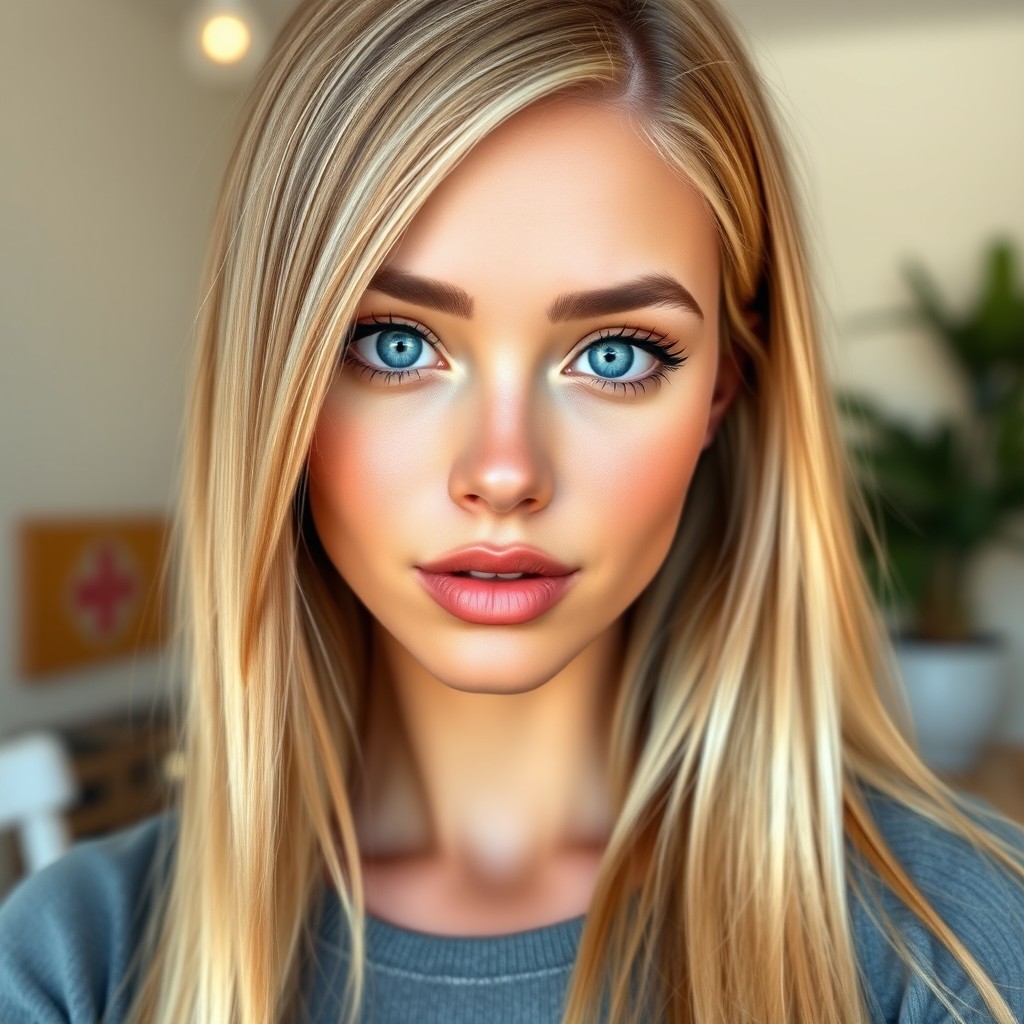 A realistic and lifelike depiction of an American female influencer character, showcasing her with straight, long blonde balayage hair