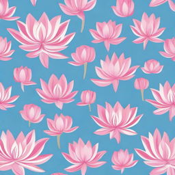 A cloth design featuring a pattern of numerous pink lotuses against a sky blue background.