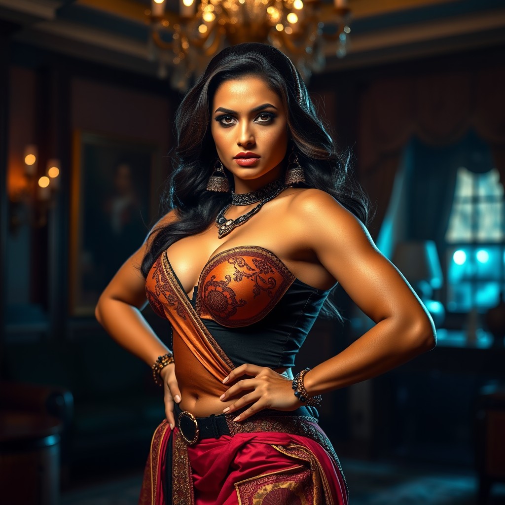 A powerful and confident Indian woman in a dominant pose, wearing a stylish and alluring outfit that highlights her strength and femininity