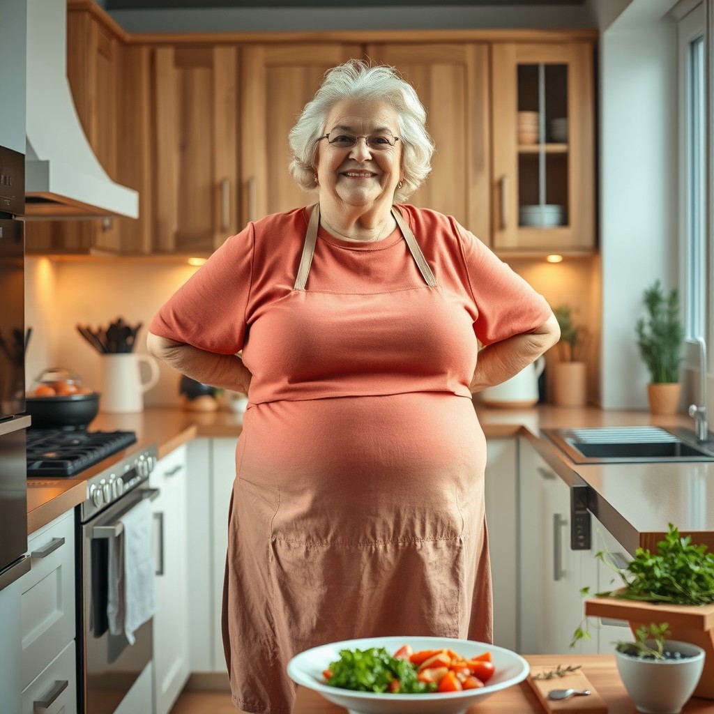 A plump elderly woman standing in a modern kitchen, her natural beauty radiating as she embraces her body with confidence