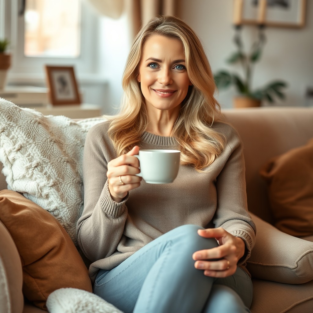 A beautiful blonde woman in her 40s sitting on a cozy sofa, holding a cup of coffee at chest height