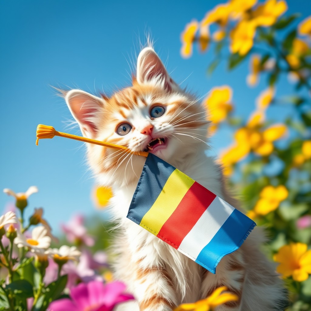 A cute cat playfully holding a flag in its mouth, the flag featuring vibrant colors and patterns