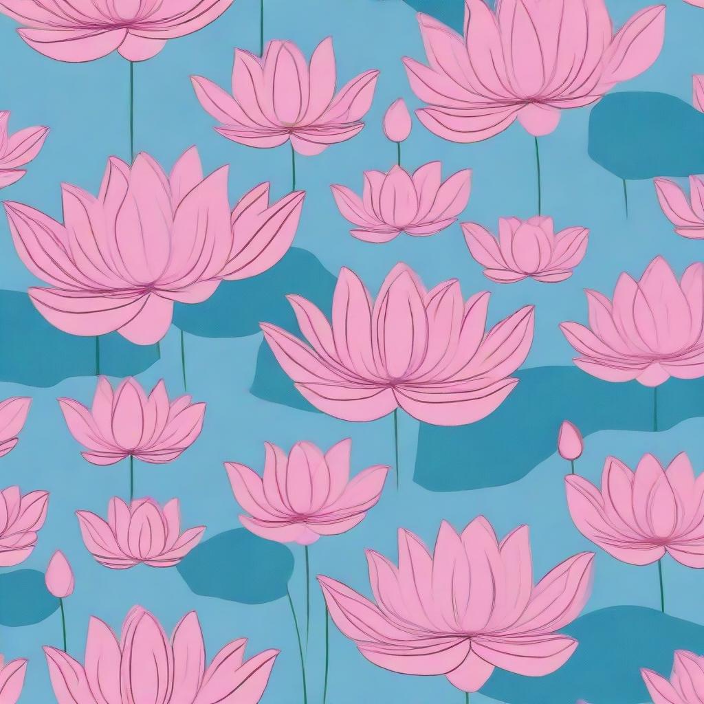 A cloth design featuring a pattern of numerous pink lotuses against a sky blue background.