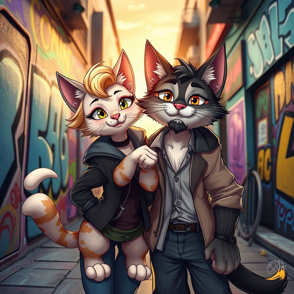 Two anthropomorphized cats, one female with blonde hair styled elegantly and a playful expression, and one male with dark fur and a stylish goatee, both dressed in fashionable outfits