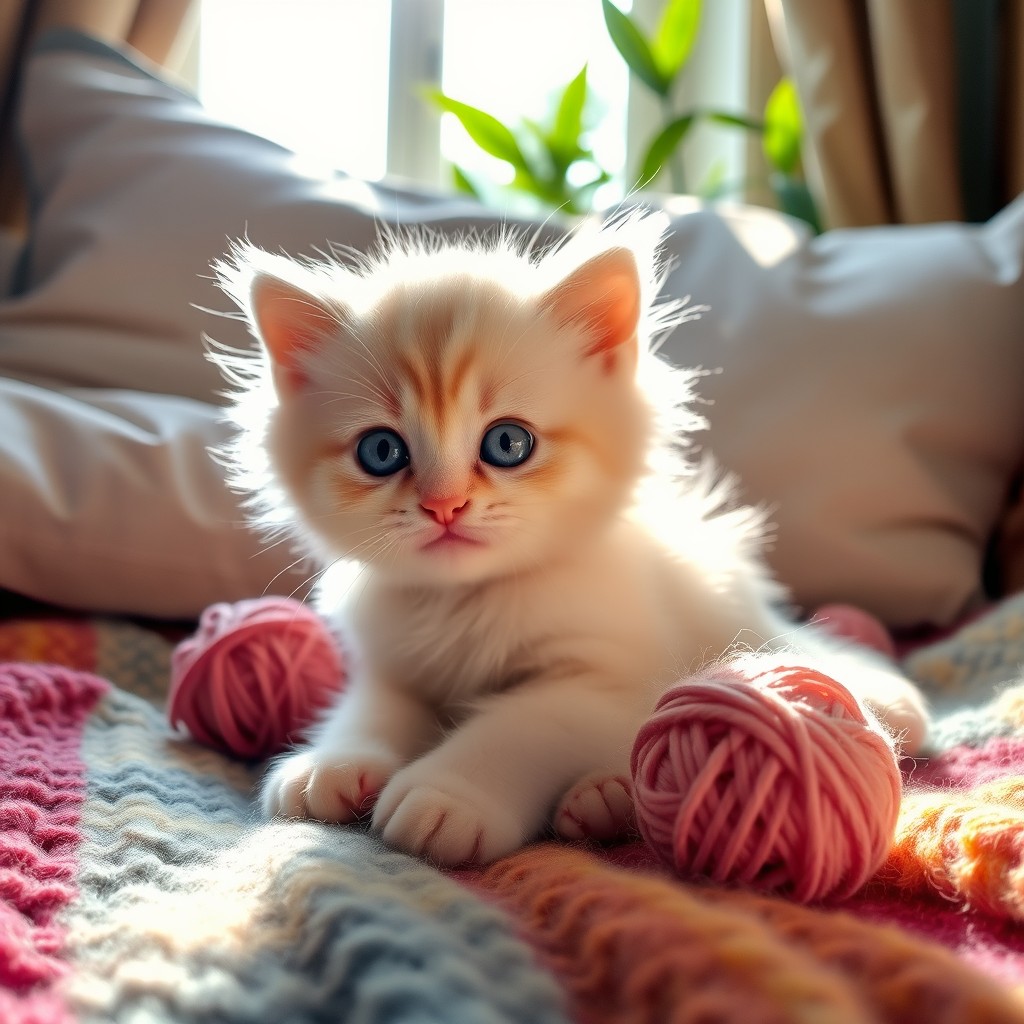 A cute and fluffy kitten, with big sparkling blue eyes and soft, cream-colored fur