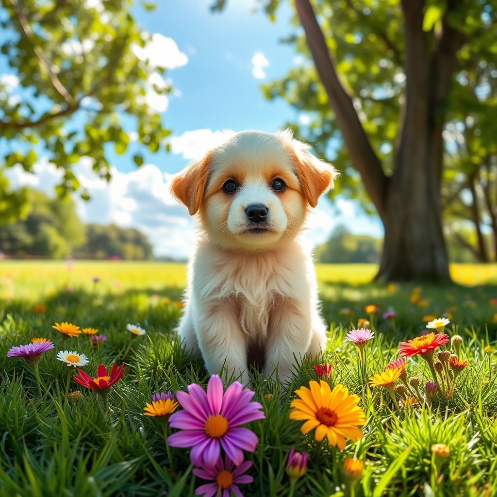 A cute puppy sitting on a soft, green lawn, surrounded by colorful wildflowers