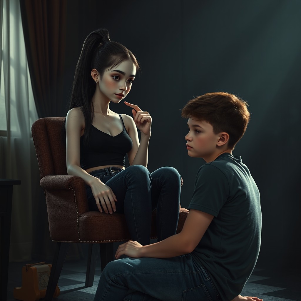 A scene depicting a thin, delicate girl sitting comfortably in a chair, wearing dark jeans and a top