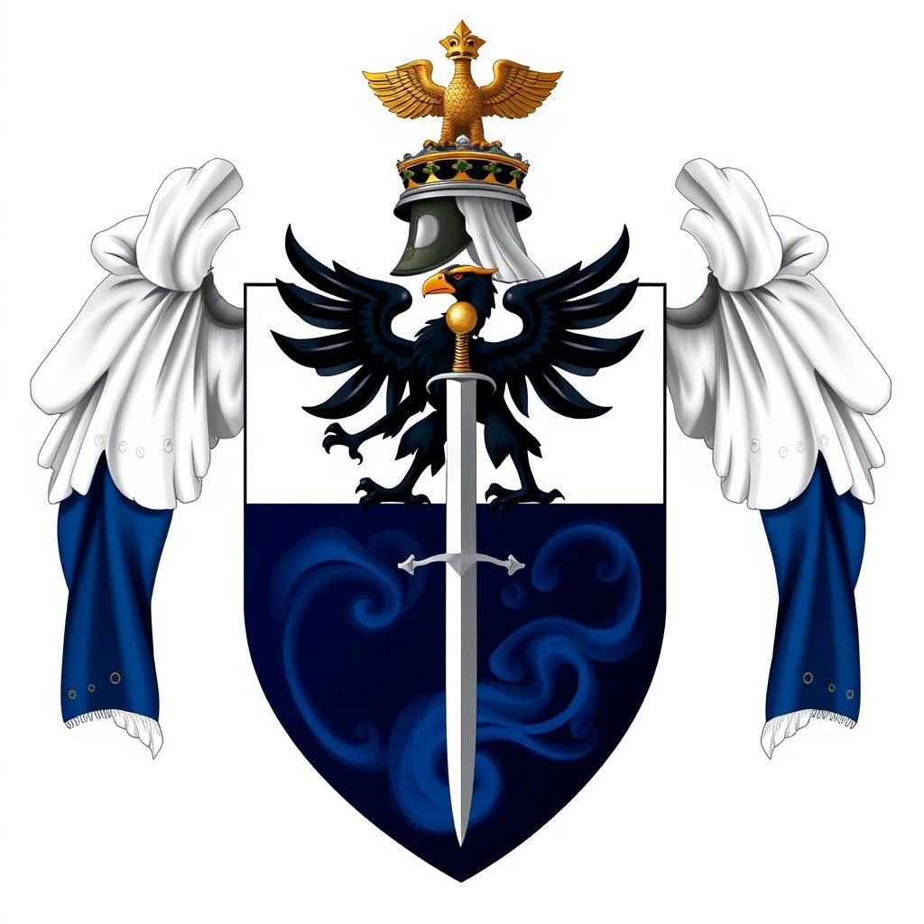 An elaborate von Falkenheim family coat of arms featuring a shield divided vertically into two halves: the left half is white and the right half is dark blue, showcasing the distinctive Reikland styles