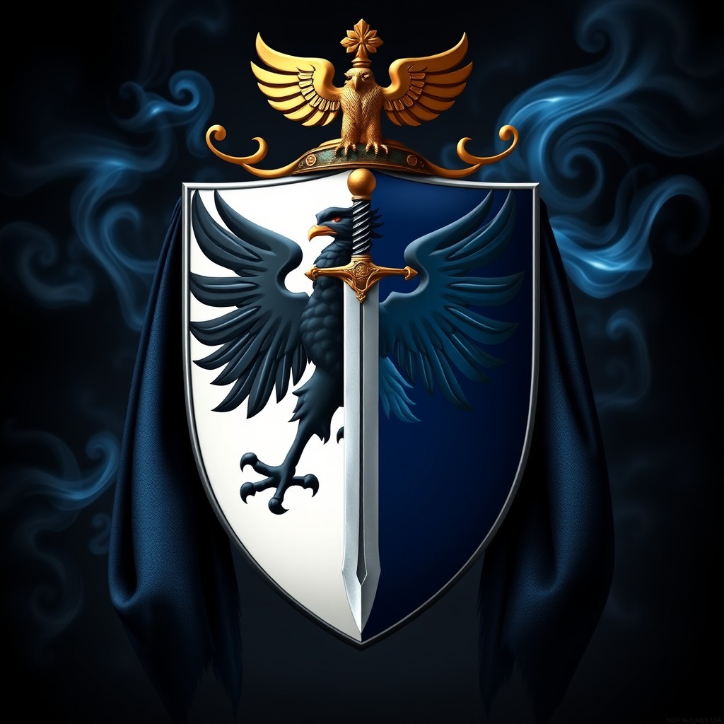 An intricate von Falkenheim family coat of arms designed in a dark Warhammer style, featuring a shield divided vertically into two halves: the left half is white and the right half is dark blue, perfectly conforming to the Reikland styles