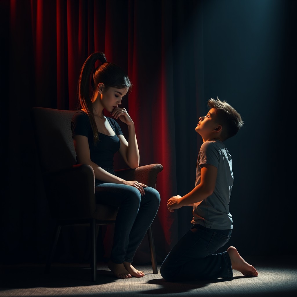 A dramatic scene set in a dark room with tightly drawn curtains allowing only a few beams of light to pierce through the shadows
