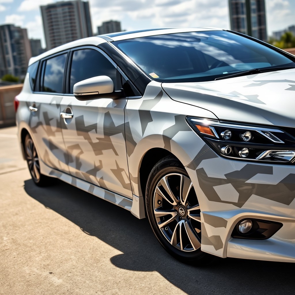 A stunning white Nissan Bassara vehicle featuring a unique, angular camouflage pattern in various shades of gray and black, set against a scenic urban backdrop