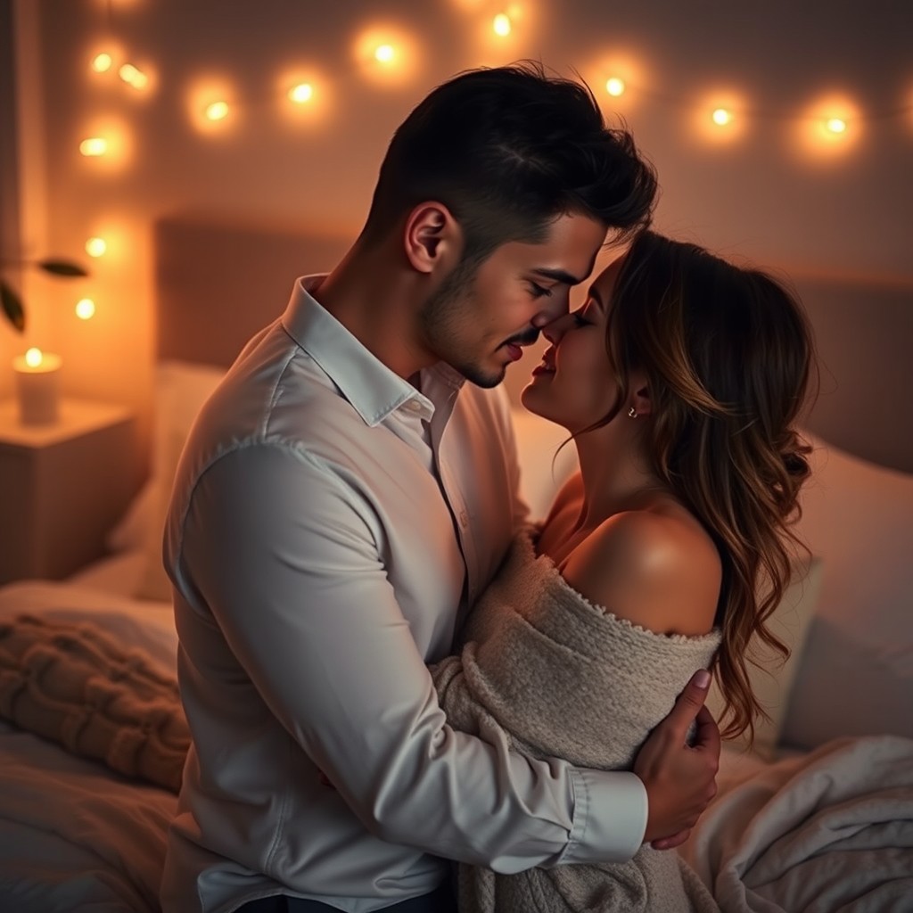 A romantic and intimate scene featuring a couple lost in each other's eyes, surrounded by a soft, glowing atmosphere
