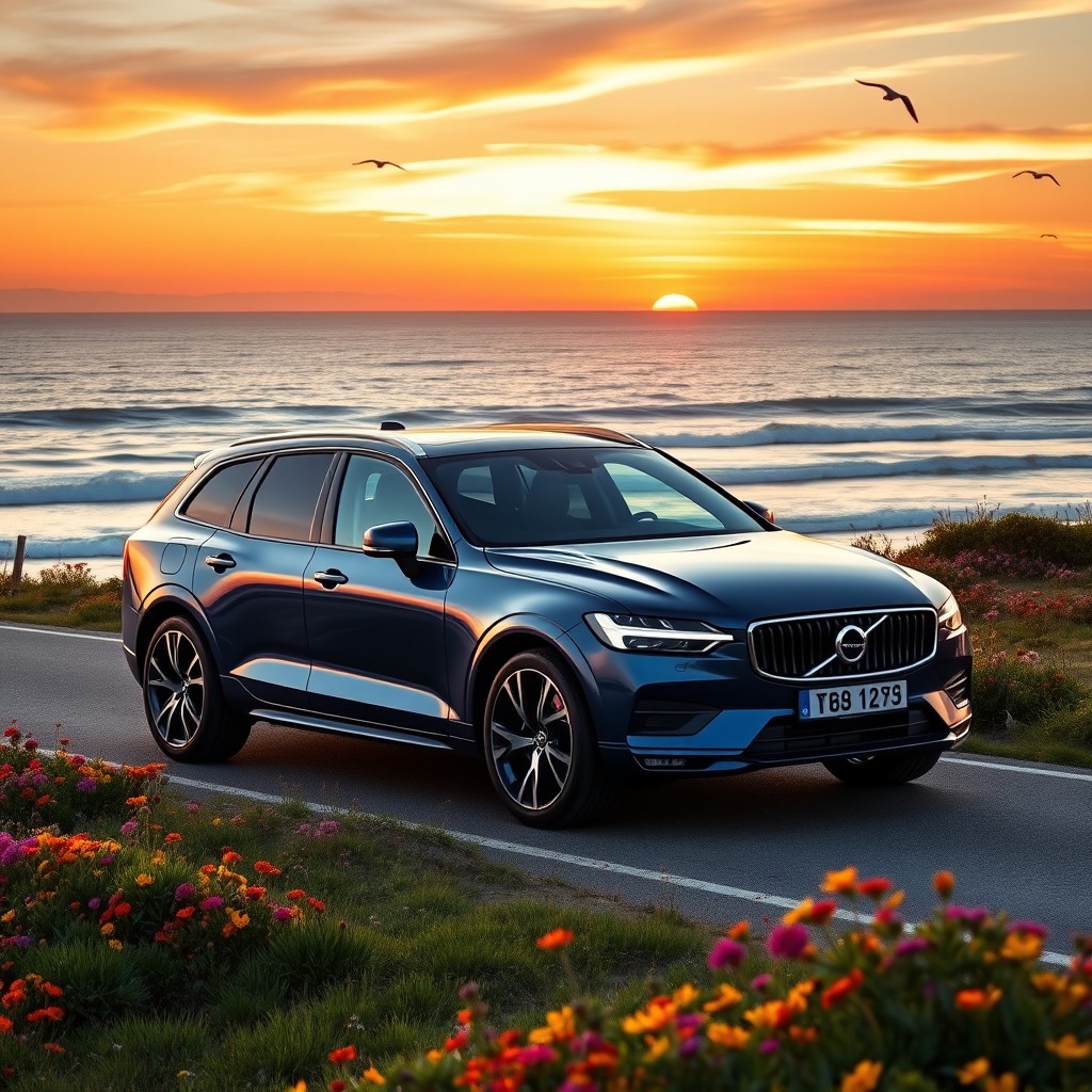 A stunning and sleek Volvo car parked on a scenic coastal road, surrounded by vibrant wildflowers and a beautiful sunset in the background