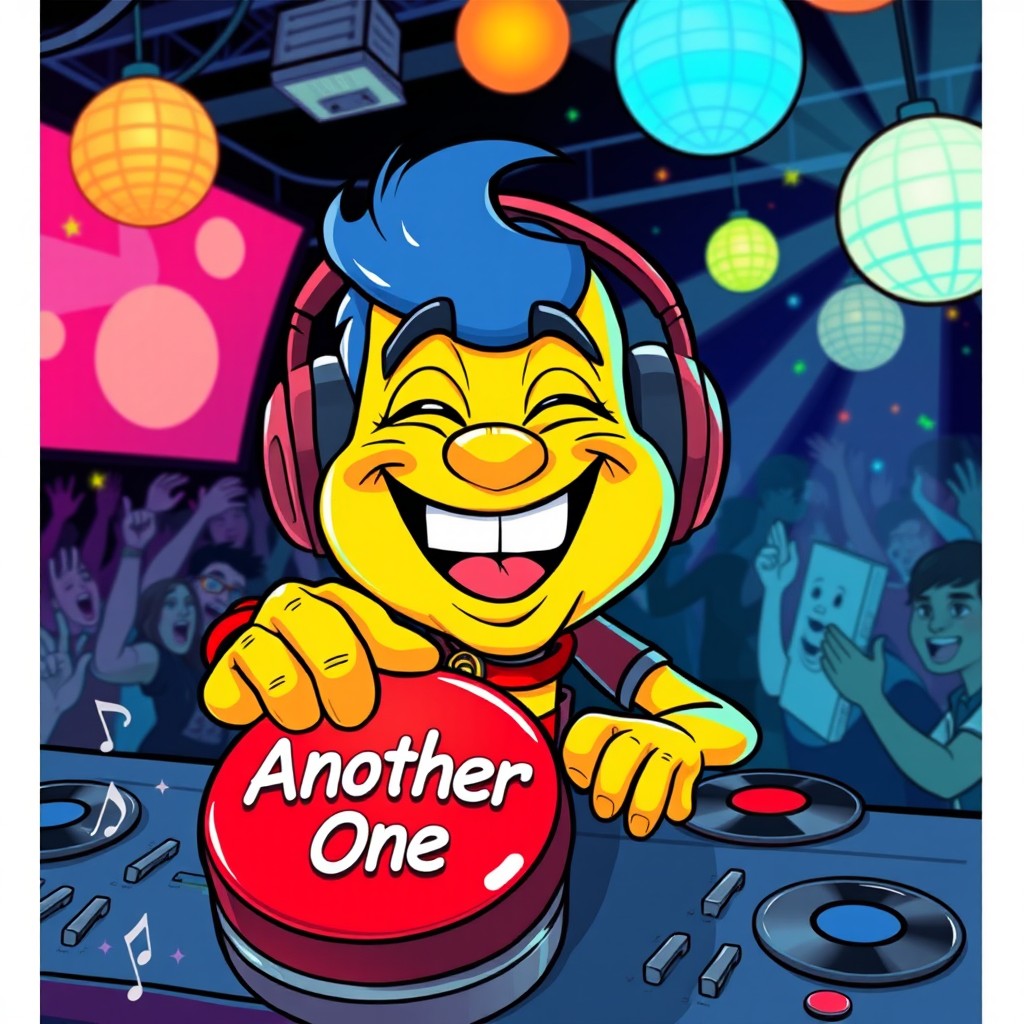 A colorful cartoon DJ with an exaggerated, lively expression, wearing headphones and funky clothing, is joyfully pressing a large bright red button labeled 'Another One'