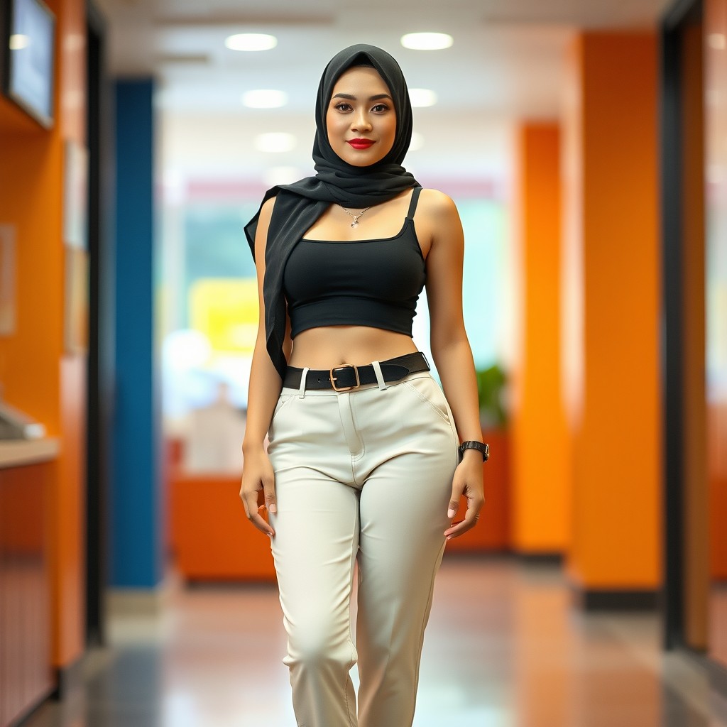 A tall, beautiful woman wearing a hijab, standing confidently at a height of 190cm