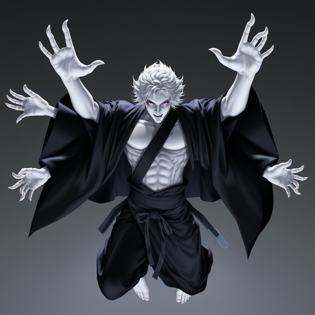 A powerful awakened form of a male demon with white skin and striking violet eyes