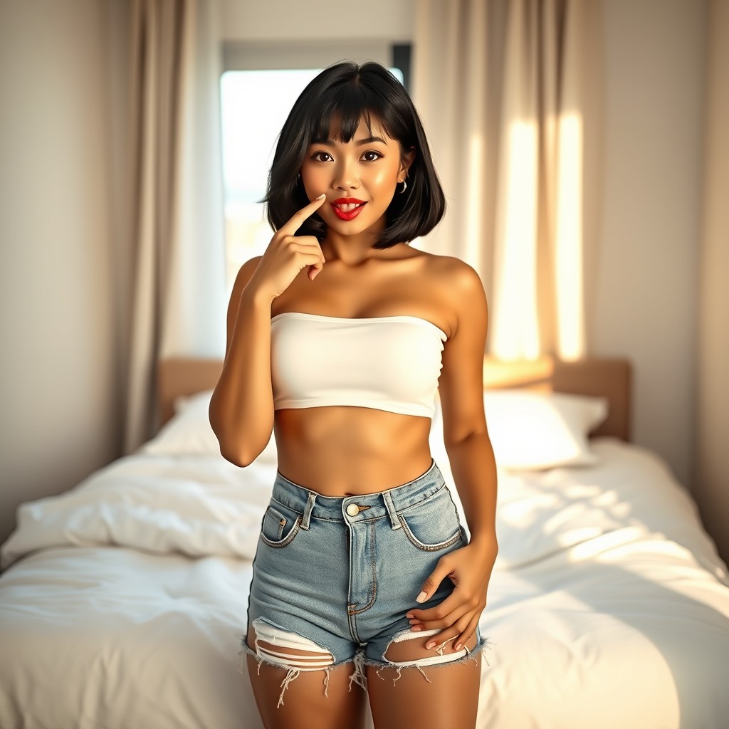 An attractive Indonesian girl standing in a modern bedroom, illuminated by soft light