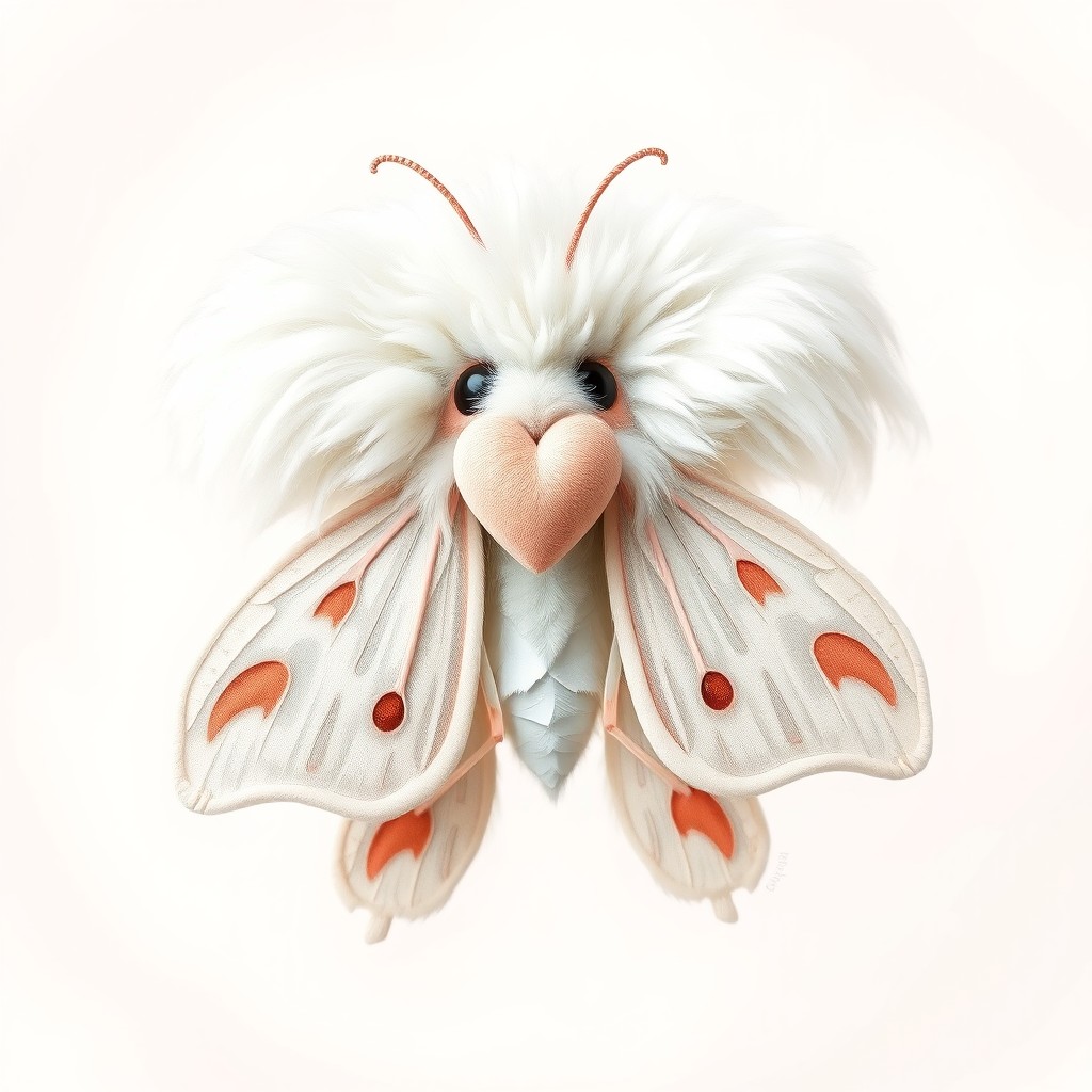 A whimsical interpretation of a white poodle moth, featuring a charming heart shape embedded in its head