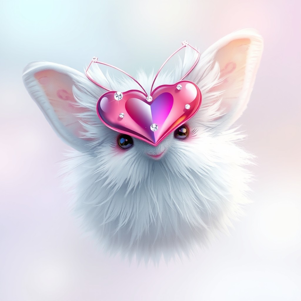 A charming depiction of a white fluffy moth featuring a heart shape on her forehead adorned with tiny sparkling gems as decoration