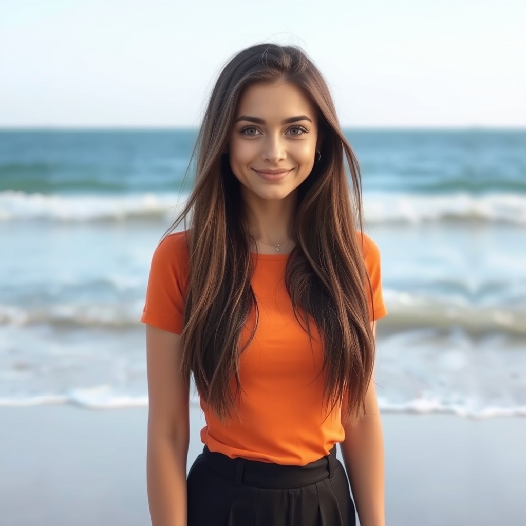A cute, lovely slim brunette woman with long hair and warm brown eyes, wearing an orange top and a black skirt, standing on the seashore