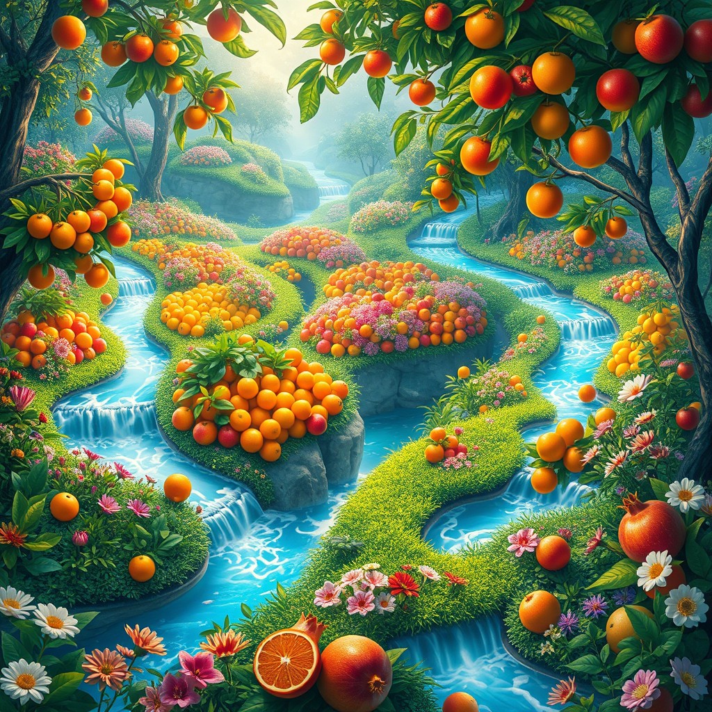 A vibrant and enchanting depiction of Jannah (Paradise), featuring lush gardens filled with an array of colorful fruits such as oranges, apples, and pomegranates, all surrounded by sparkling water canals and milk streams flowing gently through the landscape