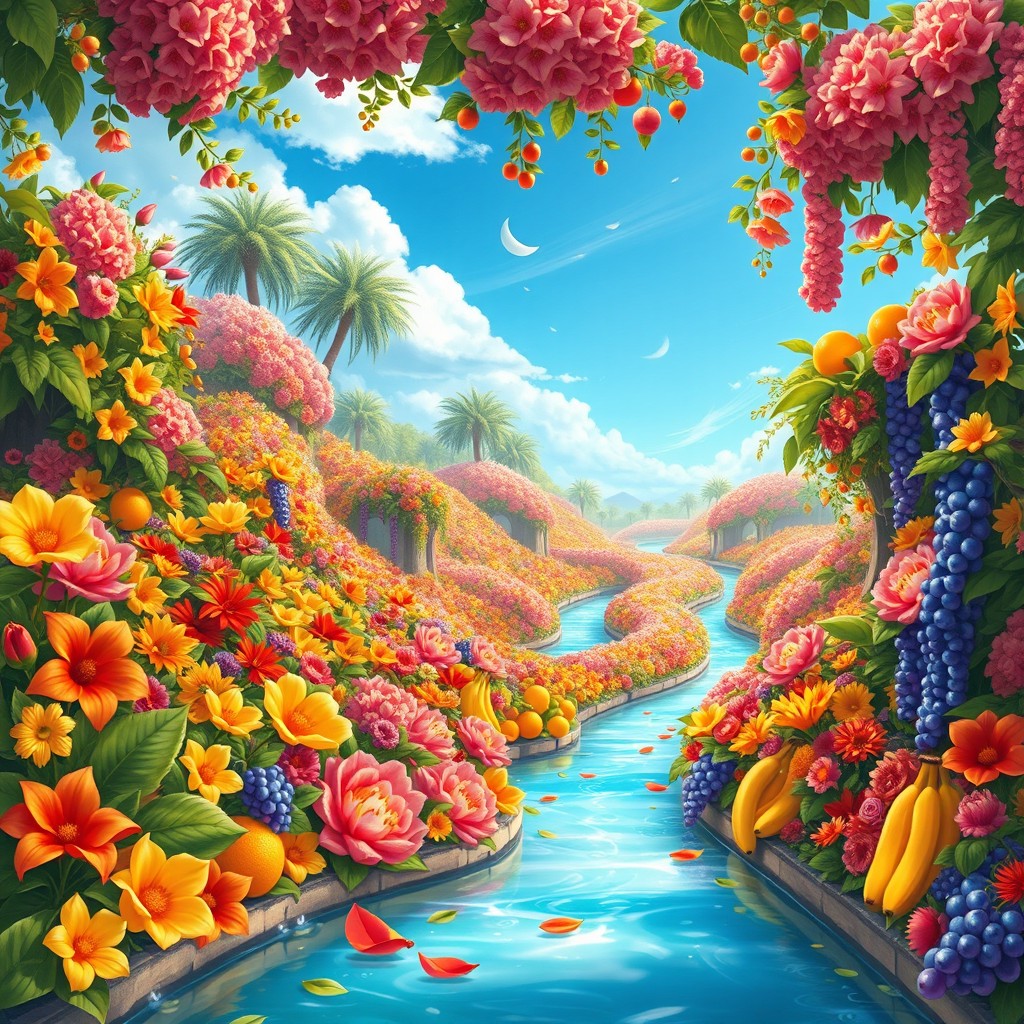 A stunning and colorful illustration of Jannah (Paradise), showcasing a majestic garden filled with a diverse array of blooming flowers in vibrant colors such as reds, yellows, and purples