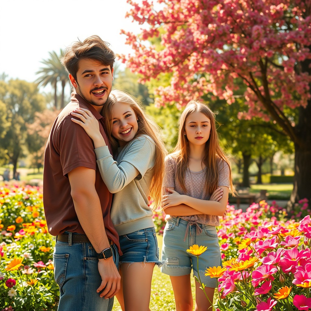 A scene depicting a bratty girl with a mischievous smile stealing the attention of another girl’s boyfriend