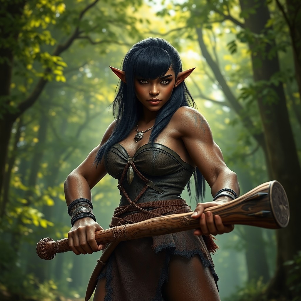 A fierce female ogre with brown skin and striking black shoulder-length hair