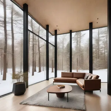 The architect designed a beautiful winter retreat with large windows to capture the picturesque view of the sleety landscape outside.