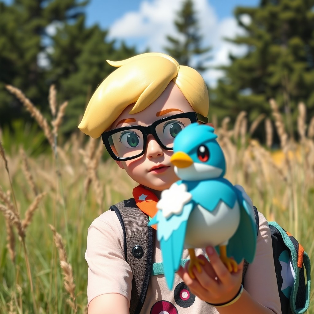 A young blonde Pokémon trainer wearing stylish black glasses, focused on capturing a Taillow