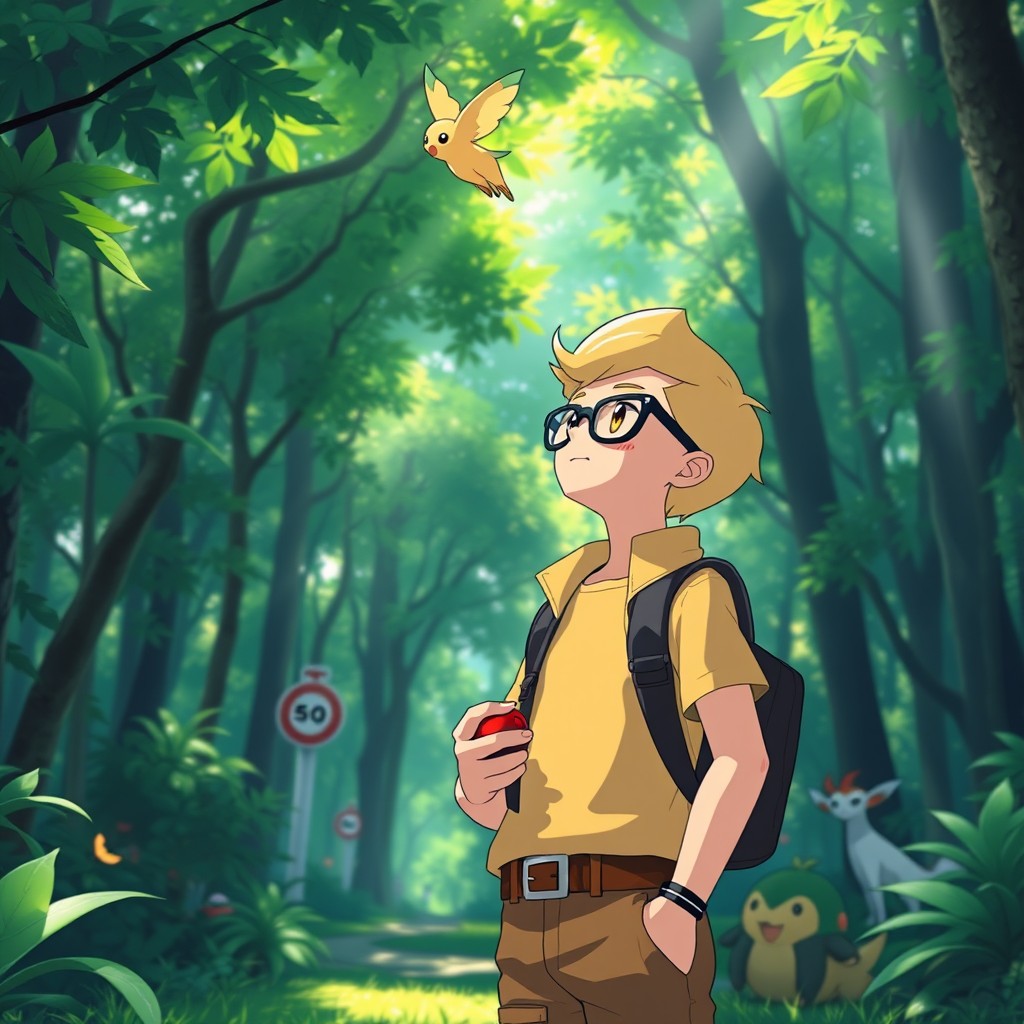 A young blonde Pokemon trainer wearing stylish black glasses, standing confidently in a vibrant green forest, gazing up at a flying Taillow