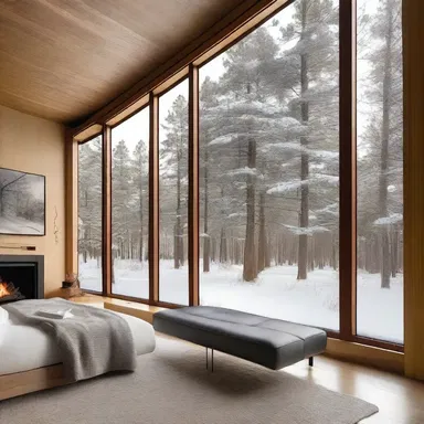 The architect designed a beautiful winter retreat with large windows to capture the picturesque view of the sleety landscape outside.