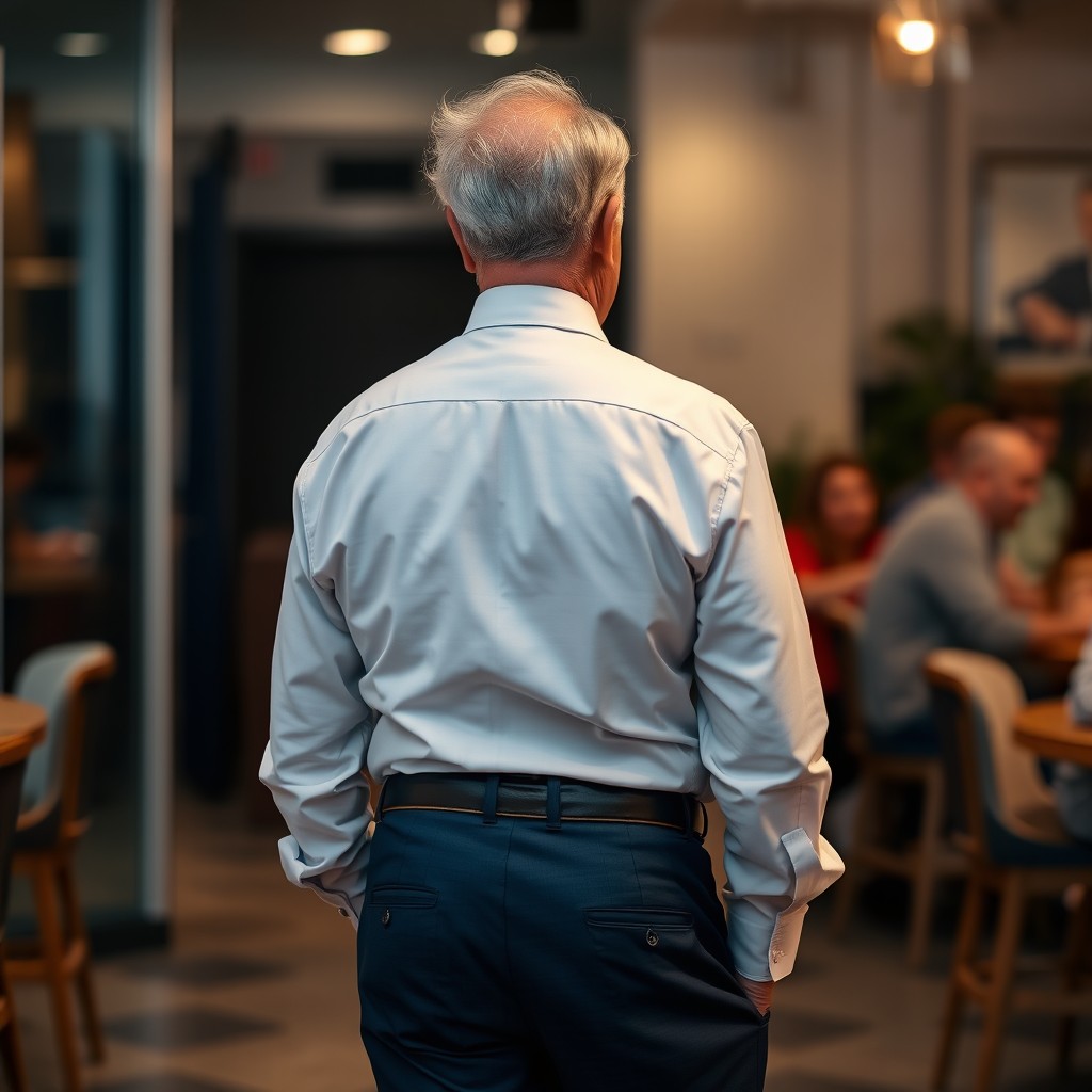 A 70-year-old man with a wrinkled face and gray hair, dressed in navy blue dress pants, standing with his back facing the viewer, subtly showcasing his lower back