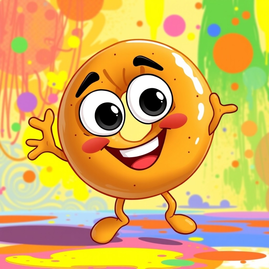 A whimsical bagel with cartoon-like eyes and a smiling mouth, joyfully dancing on a colorful, abstract background