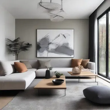 The modern furniture in the living room is arranged sporadically, creating a unique and unconventional aesthetic.