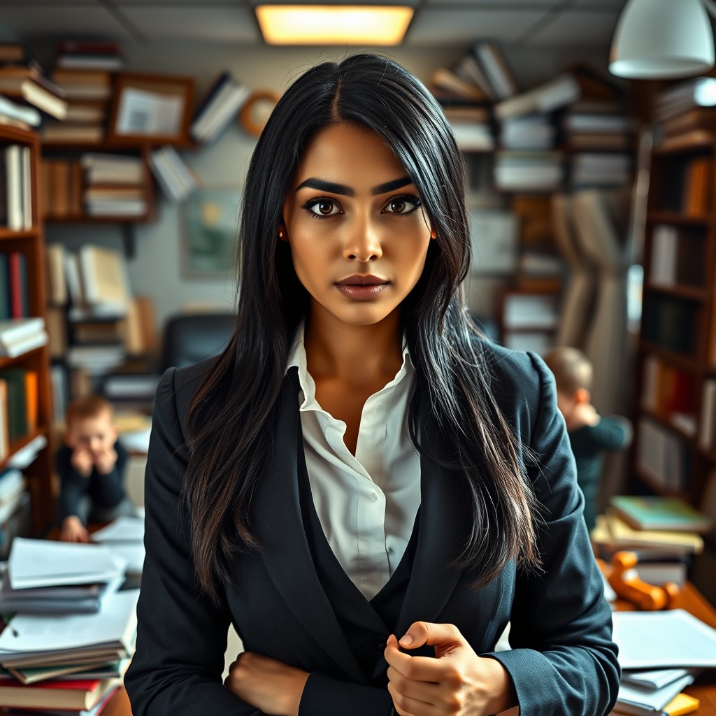 A strong and talented mixed-race female lawyer in a professional outfit, with sleek, long black hair, is portrayed in a dynamic office setting filled with legal books and documents strewn about