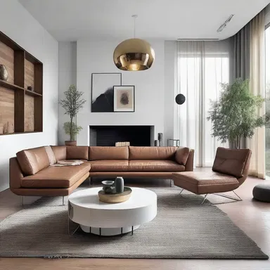 The modern furniture in the living room is arranged sporadically, creating a unique and unconventional aesthetic.