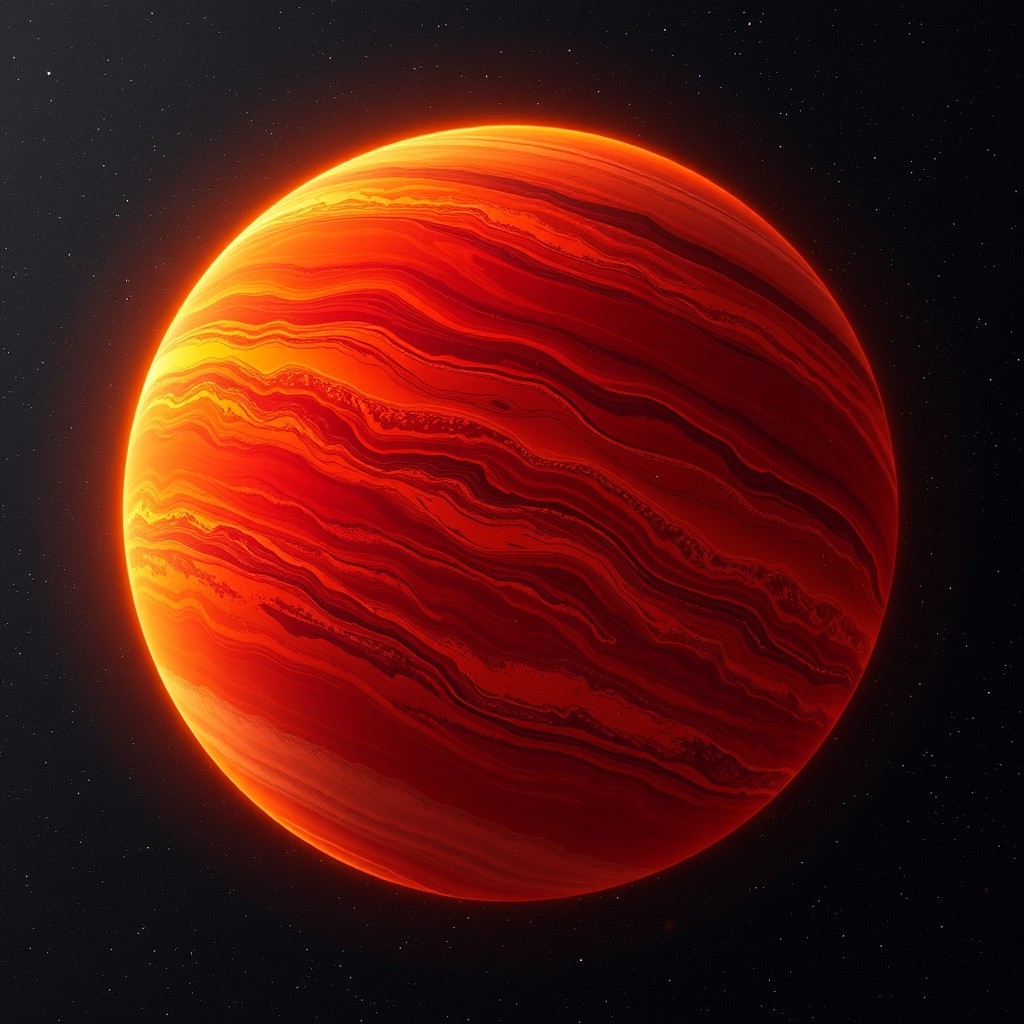 A mesmerizing planet that showcases a vibrant orange and red surface, resembling a swirling mix of fiery hues