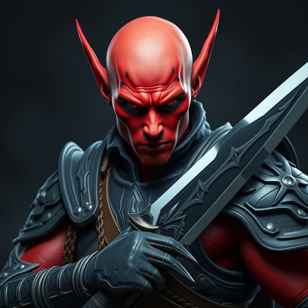 A powerful character with striking red skin and bright orange eyes, exuding an imposing presence