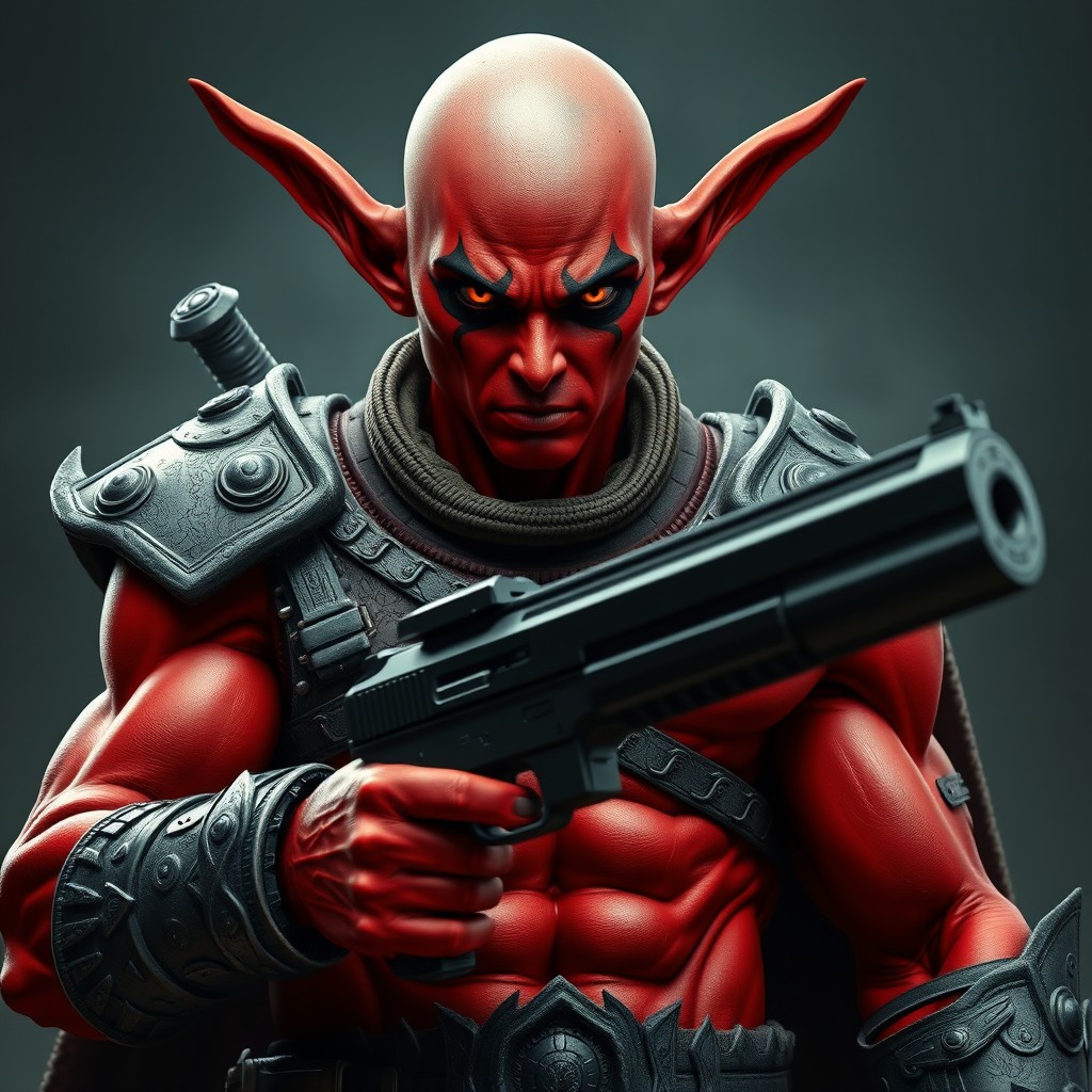 A formidable character with striking red skin and intense orange eyes, exuding strength and power