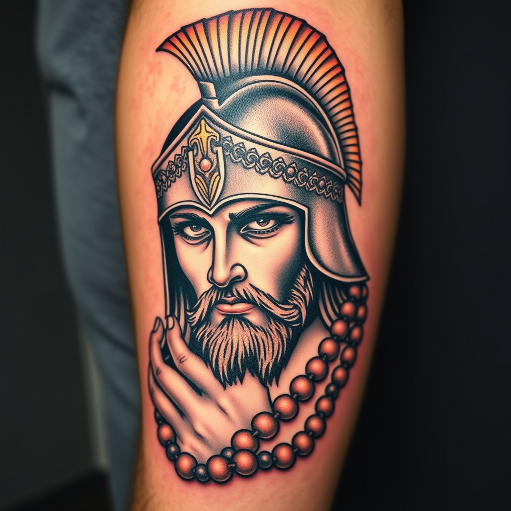 A striking tattoo design for a masculine arm featuring the face of Jesus Christ, depicted with piercing eyes and a serene expression