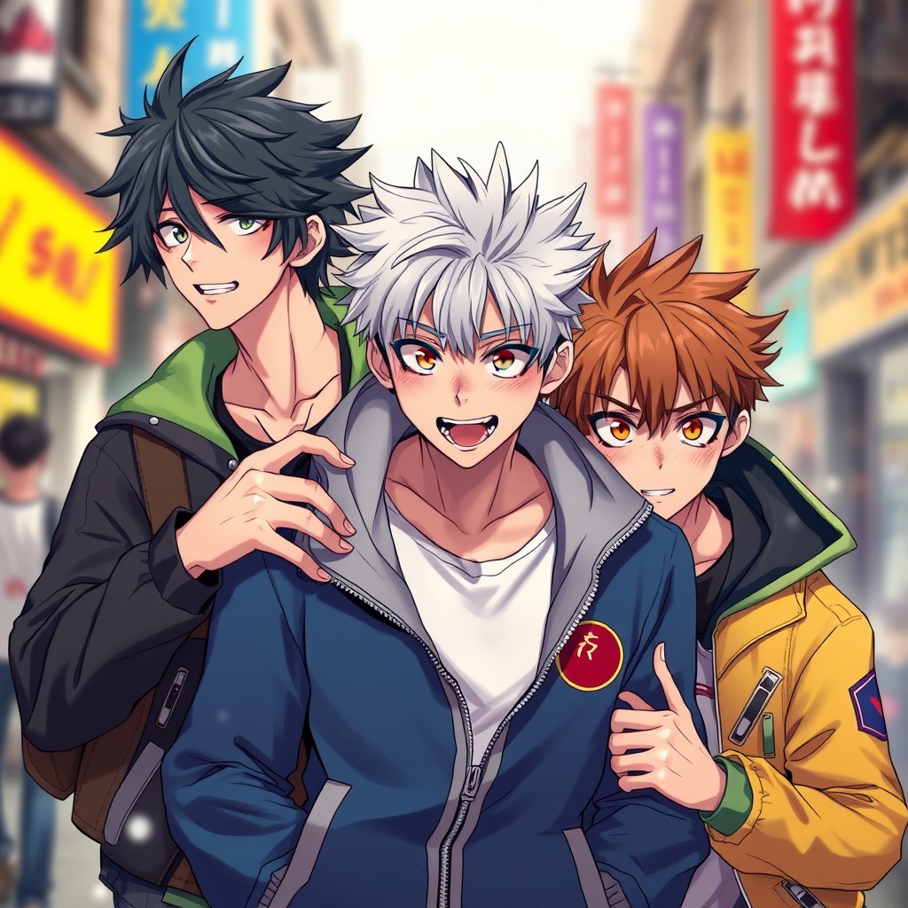 A dynamic and vivid image featuring three male characters